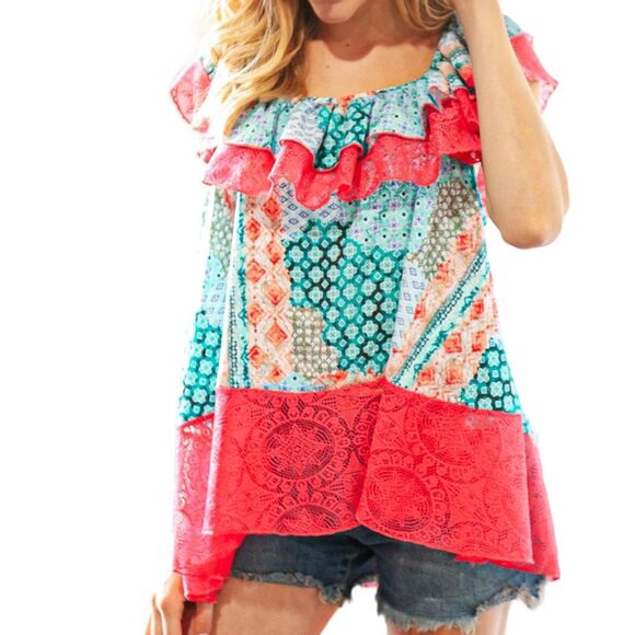 SUGARFOX Coral Ethnic Print Lace Ruffle Hem Top 1XL Women’s PLUS - Picture 11 of 16